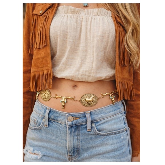 no brand Accessories - Turquoise Longhorn Skull Chain Belt Western Boho Statement‎ Cowboy Rodeo concho